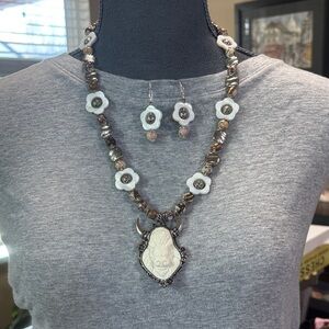 Jasper beaded Floral Necklace and Earring Set with white buffalo pendant.